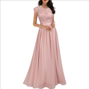miusol women's v neck elegant lace ruffle bridesmaid maxi dress V-Neck Floral Lace Flare Sleeve Chiffon Ruffle Formal Maxi Dress – Miusol